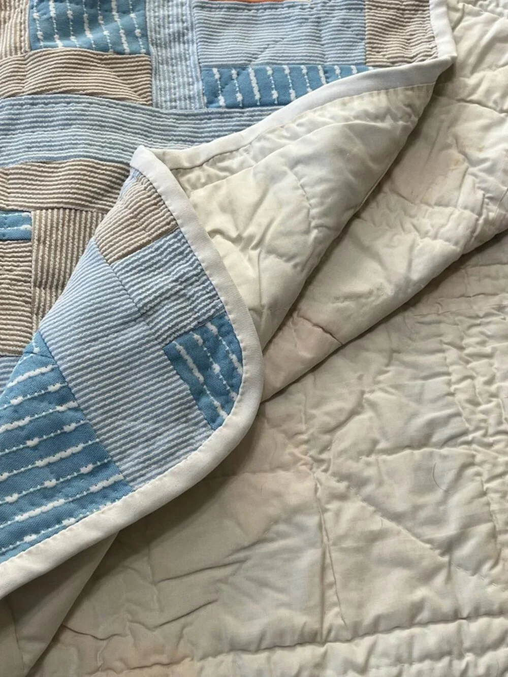 Vintage 1970's Polyester Strip Patchwork Quilt Blanket Retro Hippie 98x94